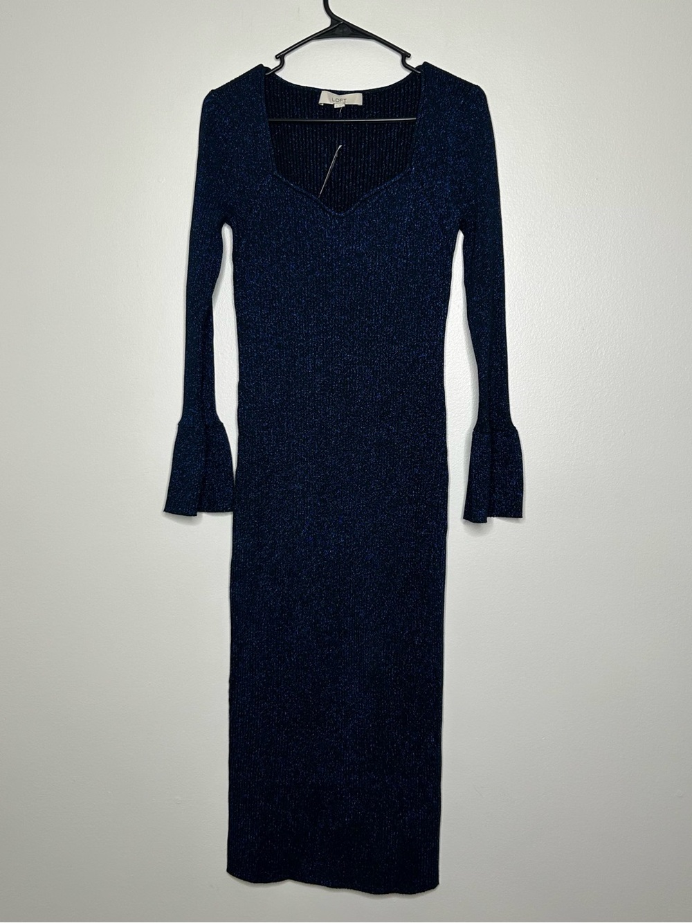 LOFT Navy Sparkle Midi Dress with Flared Cuffs
